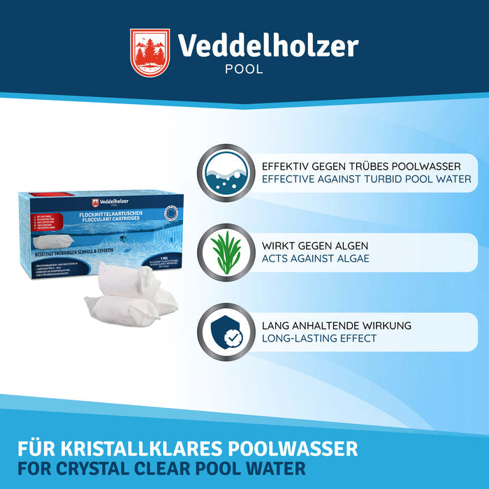 Karton mit zwei Kartuschen und drei Vorteilen: effektiv gegen trübes Poolwasser, wirkt gegen Algen, lang anhaltende Wirkung