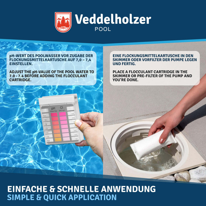 Anwendung in zwei Schritten: pH-Wert mit dem Testset auf 7,0 bis 7,4 einstellen, dann die Kartusche in den Skimmer legen