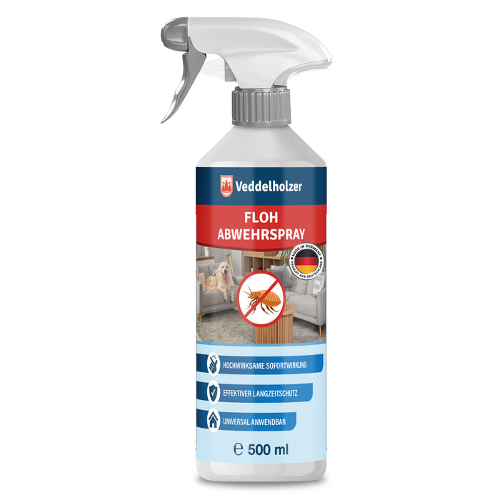Weiße Sprühflasche mit Pistolengriff, rotes Etikett „Floh Abwehrspray“ mit durchgestrichenem Floh, 500 ml, Freisteller