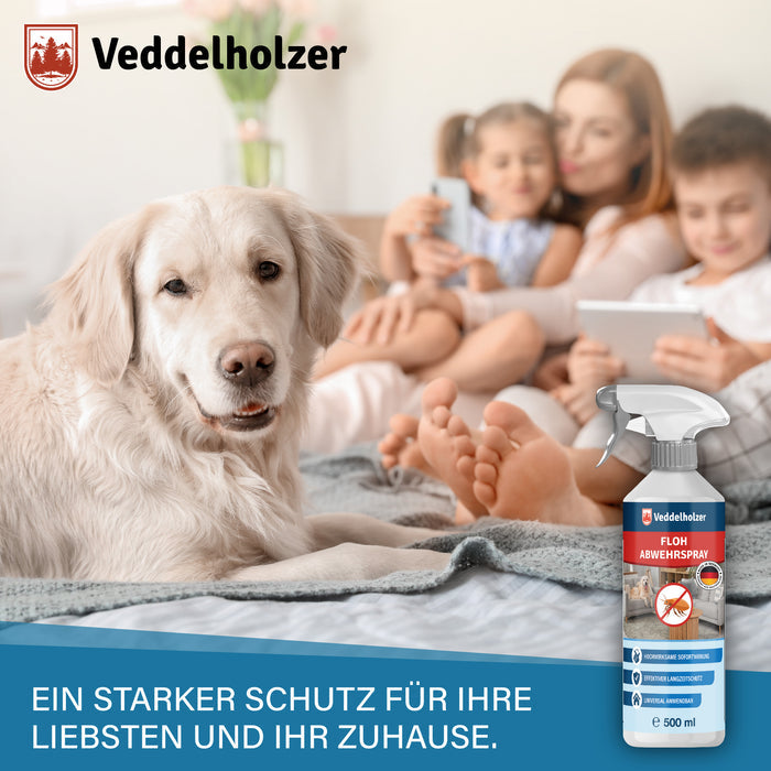 Heller Golden Retriever liegt auf dem Bett, dahinter Mutter mit zwei Kindern und Tablet, rechts die Sprühflasche