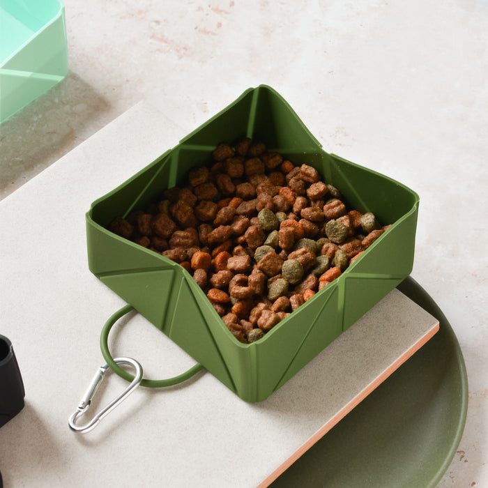 Khaki Cocopup London foldable travel bowl filled with kibble and attached carabiner, on a light background.