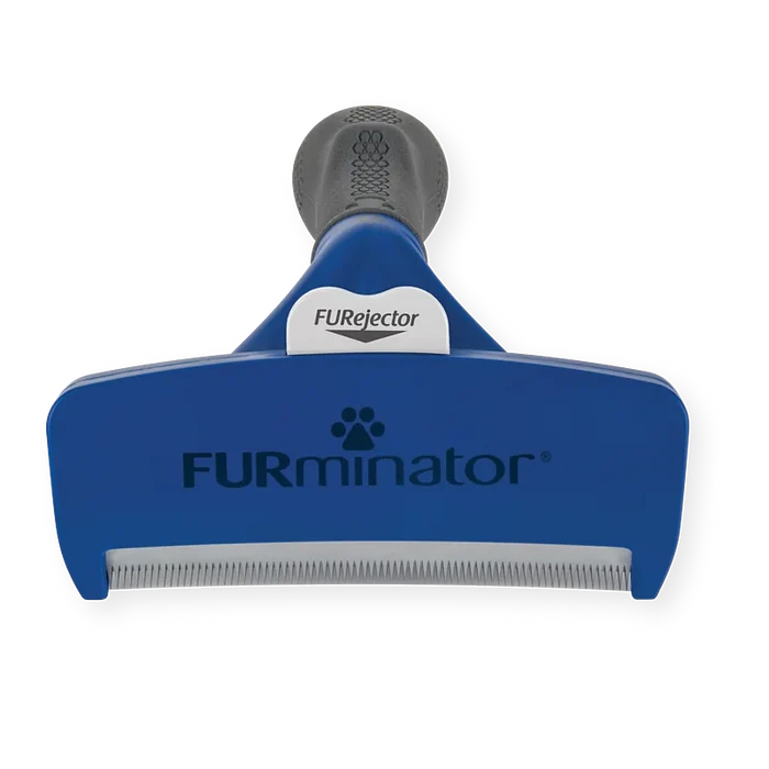 FURminator large short hair undercoat deShedding tool, top view showing the stainless steel edge