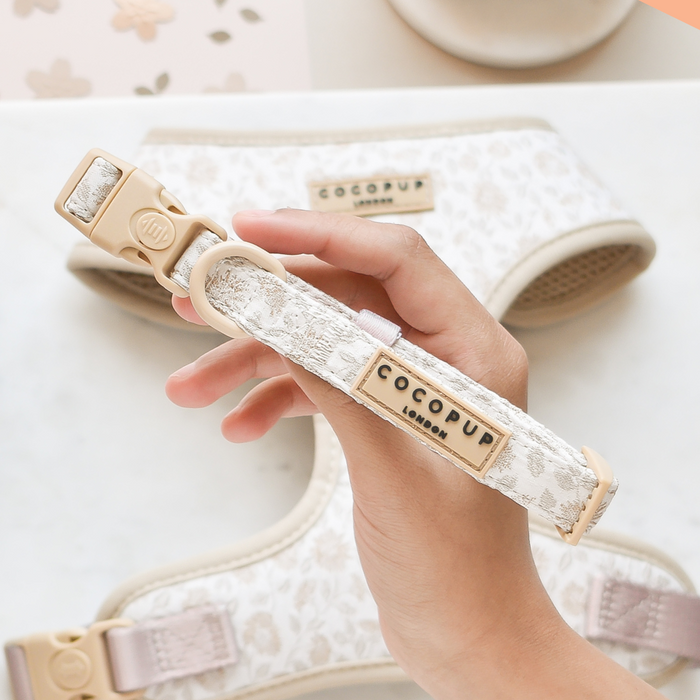 Hand holding a floral Luxe COLLAR by Cocopup London; matching floral harness visible in the background.