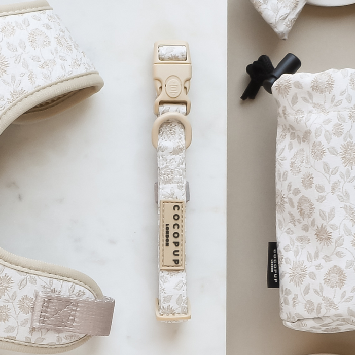 Cream and beige Luxe collar with gold buckle, Garden Meadow pattern, paired with matching accessories.