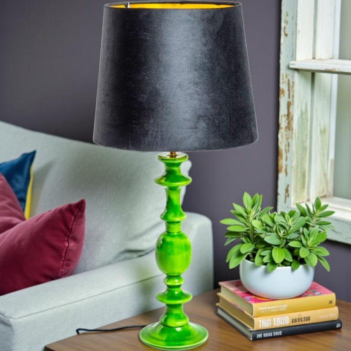 Green gloss wooden table lamp with metallic lined velvet shade