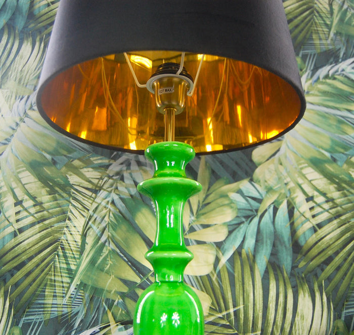 Green gloss wooden table lamp with metallic lined velvet shade