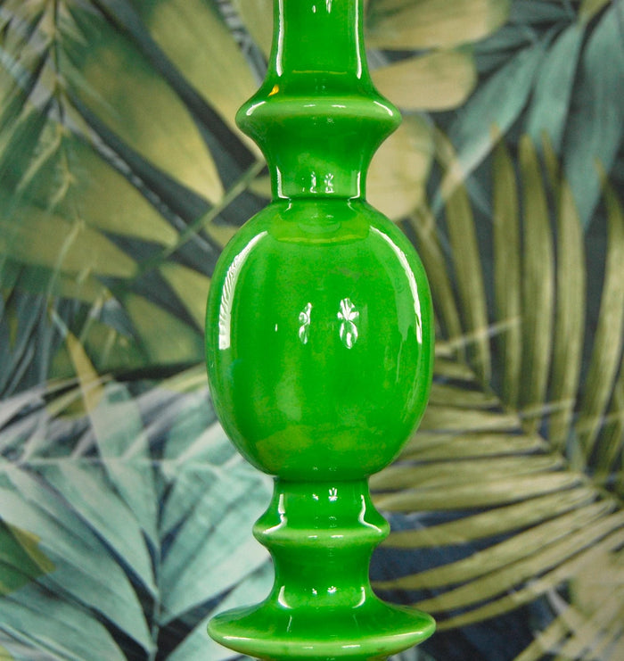 Green gloss wooden table lamp with metallic lined velvet shade