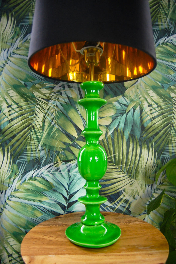 Green gloss wooden table lamp with metallic lined velvet shade