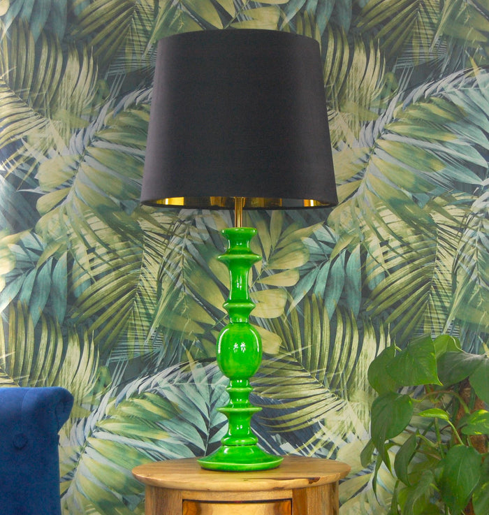 Green gloss wooden table lamp with metallic lined velvet shade