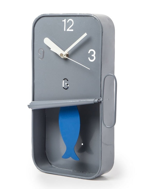 GREY METAL SARDINE TIN PENDULUM WALL CLOCK
