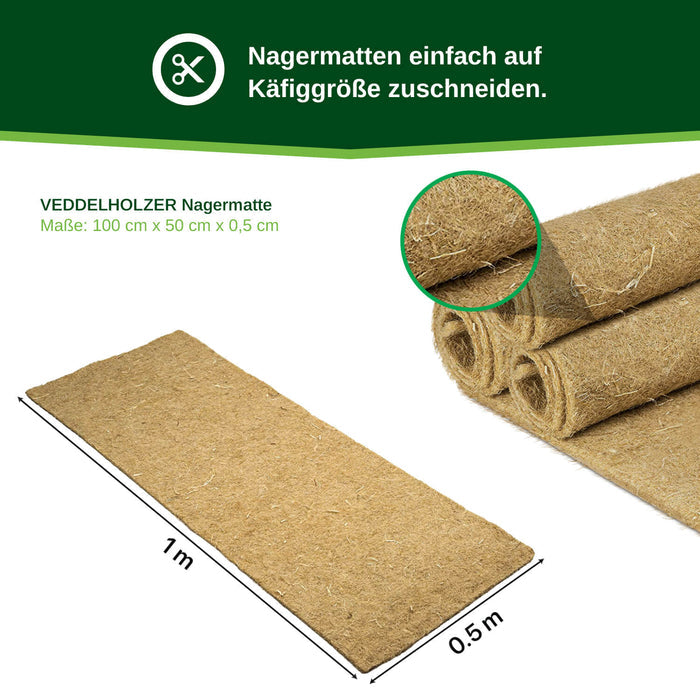 Maßangaben der Matte: 100 x 50 x 0,5 cm mit Maßpfeilen 1 m und 0,5 m, Detailkreis auf die Hanffasern, Hinweis zum Zuschneiden