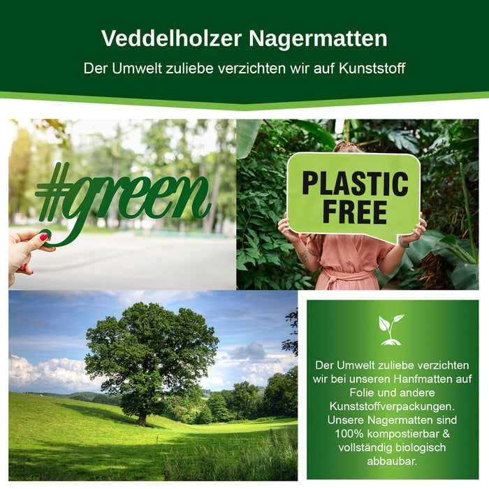 Collage mit „#green“- und „Plastic free“-Schildern und Baumwiese – Matten ohne Folie, 100 % kompostierbar und abbaubar