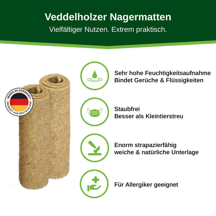 Zwei Rollen mit „Made in Germany“-Siegel und vier Icons: hohe Feuchtigkeitsaufnahme, staubfrei, strapazierfähig, für Allergiker