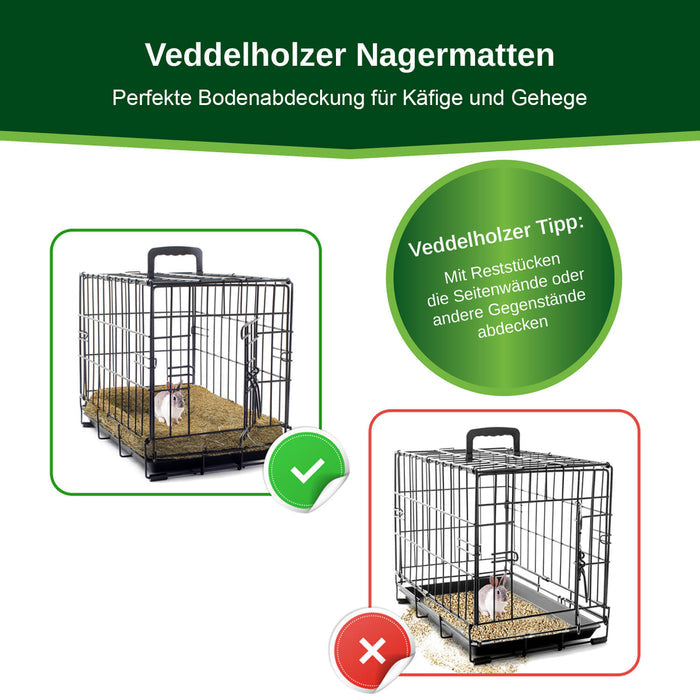 Zwei Nagerkäfige im Vergleich: grüner Haken für den Boden mit Hanfmatte, rotes Kreuz für lose Streu, dazu Tipp für Reststücke
