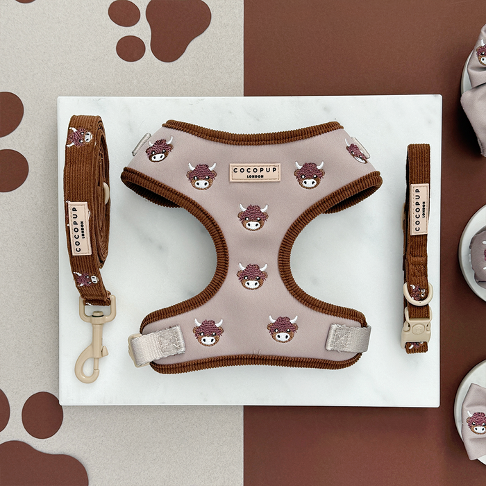 Cocopup London adjustable harness, lead, and collar set in taupe with a playful brown cow print.
