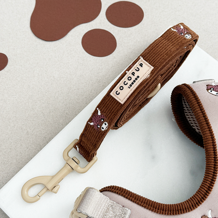 Brown Cocopup London dog lead with a Highland cow design and silver clip.