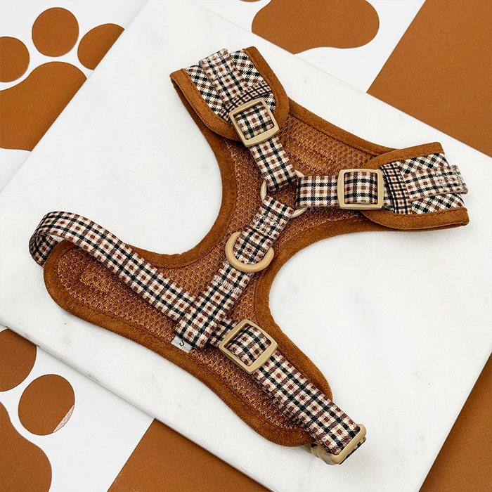 Plaid brown Cocopup London harness, lead, and collar set displayed on a paw print patterned background.