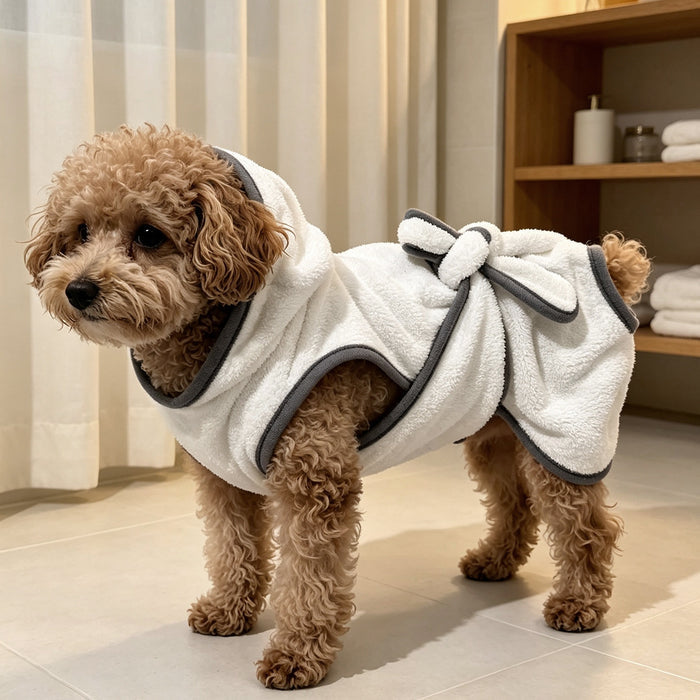 Hooded coral fleece pet drying robe with grey binding and a tie belt