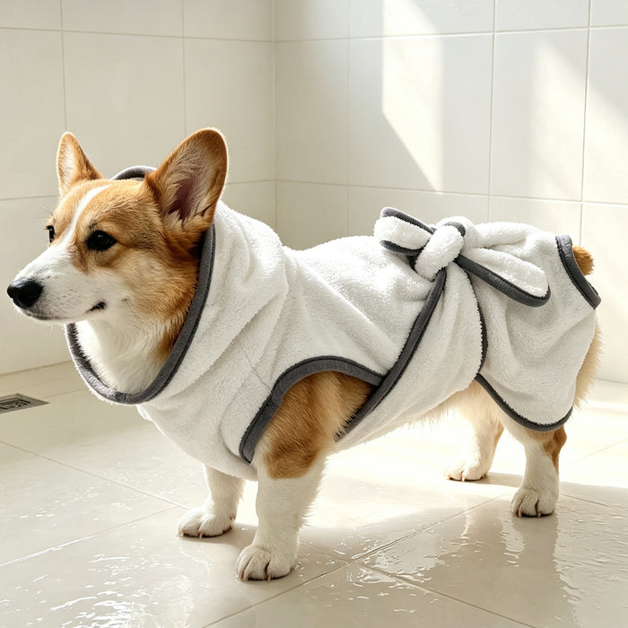 Corgi wearing the grey bound pet drying robe, tied at the waist, after a bath