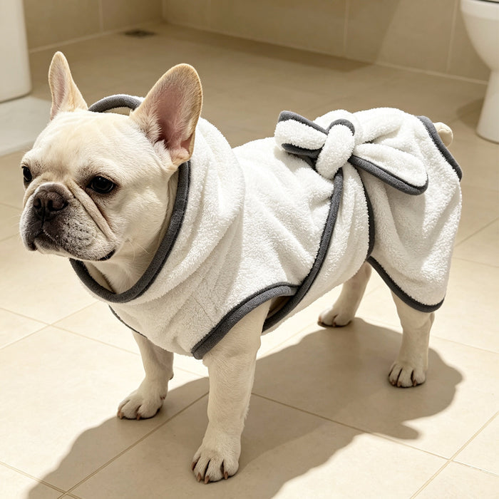 French bulldog wearing the grey bound pet drying robe with the hood down