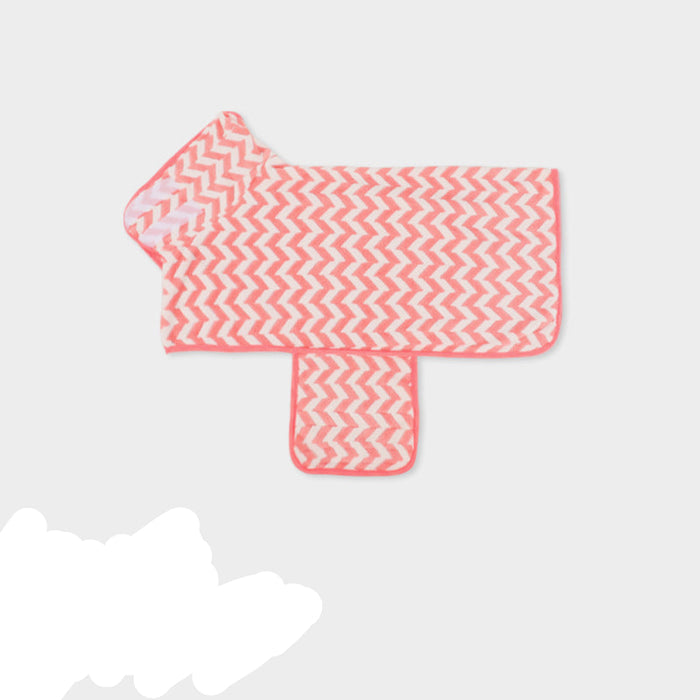Pink zigzag pet drying wrap with bound edges, laid flat