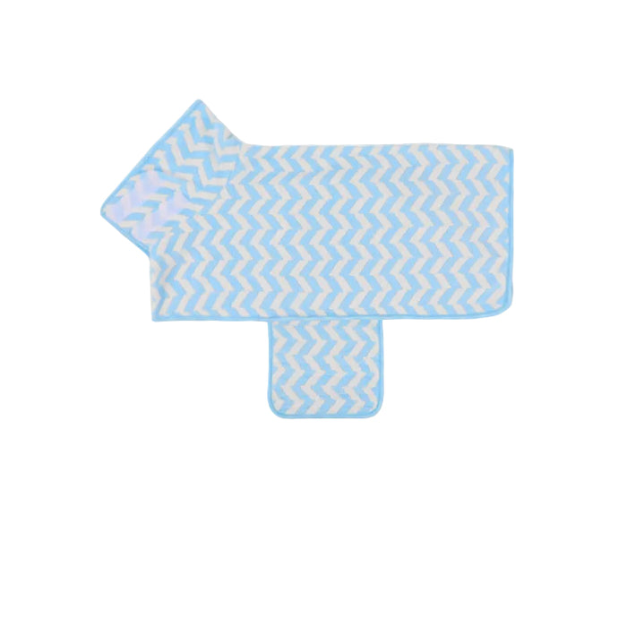Blue zigzag pet drying wrap with bound edges, laid flat