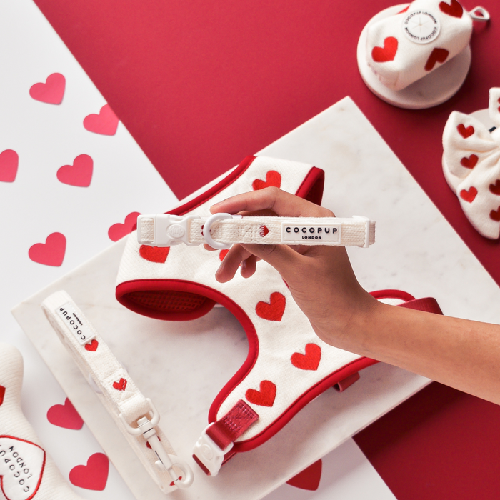 Hand holding a red knitted dog collar from Cocopup London with a pattern of small hearts.