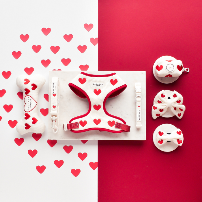 Red and white dog lead with heart pattern, knitted-style design by Cocopup London.