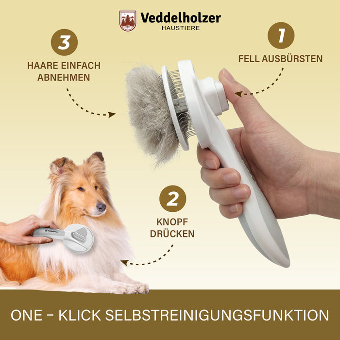 Selbstreinigung in drei Schritten: Fell ausbürsten, Knopf drücken, Haare vom Bürstenkopf abnehmen – links ein Collie