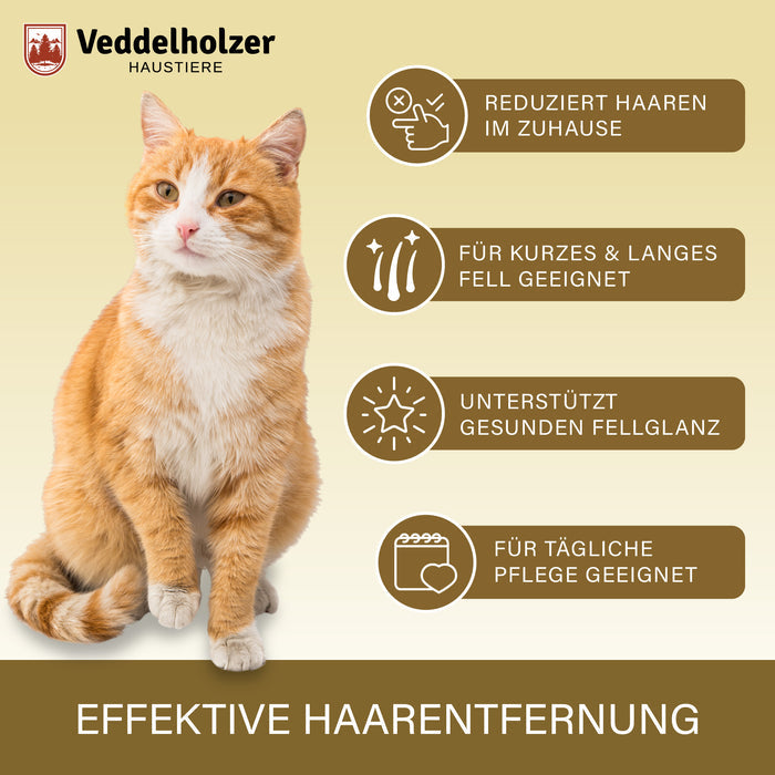 Rot-weiße Katze neben vier Hinweisen: weniger Haare im Zuhause, für kurzes und langes Fell, mehr Fellglanz, tägliche Pflege