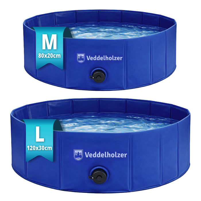Zwei blaue, wassergefüllte Pools mit schwarzem Ablassventil übereinander: Größe M 80 x 20 cm und Größe L 120 x 30 cm