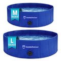 Zwei blaue, wassergefüllte Pools mit schwarzem Ablassventil übereinander: Größe M 80 x 20 cm und Größe L 120 x 30 cm