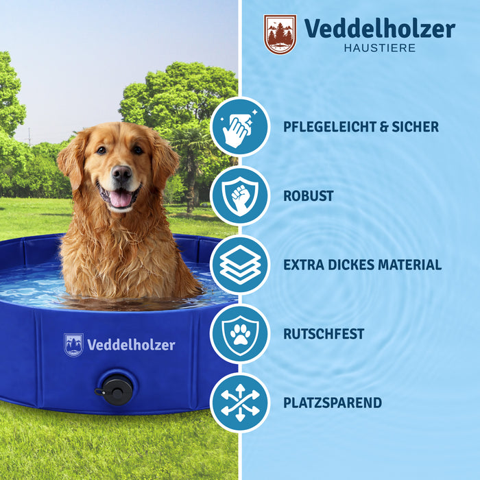 Golden Retriever sitzt im blauen Pool auf dem Rasen, daneben Icons: pflegeleicht, robust, extra dickes Material, rutschfest
