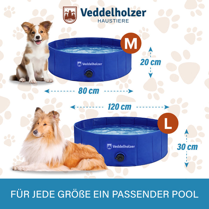 Größenvergleich: Welpe am Pool mit 80 x 20 cm, Sheltie am Pool mit 120 x 30 cm, mit Maßpfeilen