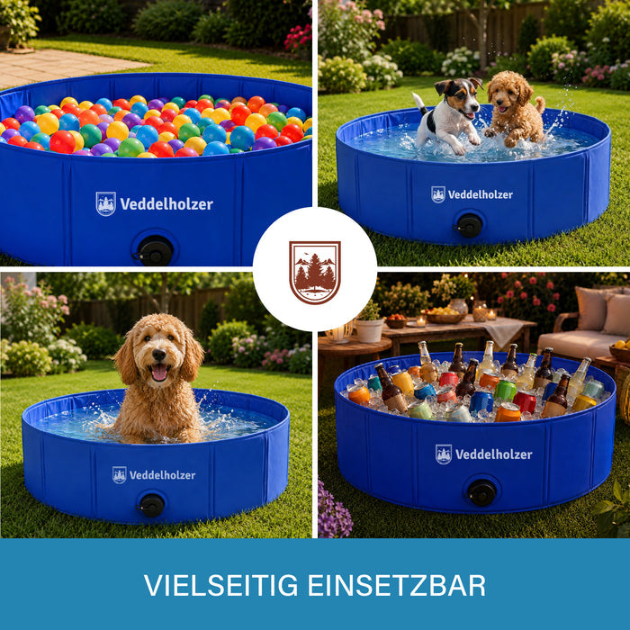 Vier Einsätze: Pool als Bällebad, zwei planschende Hunde, Goldendoodle im Wasser und als Getränkekühler mit Eis