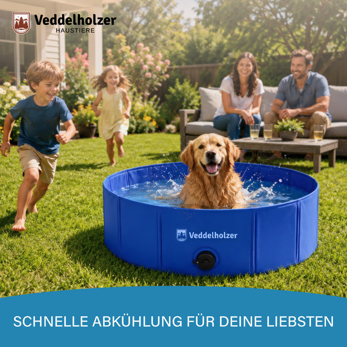 Golden Retriever planscht im blauen Pool im Garten, zwei Kinder rennen herbei, die Eltern sitzen auf der Terrasse