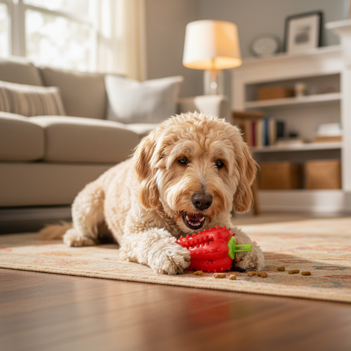 Dog playing with Dropshipman interactive treat dispensing chew toy for small, medium, and large dogs.