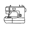 Black and white doodle-style sewing machine with simple lines and playful details, suitable for product customisation.