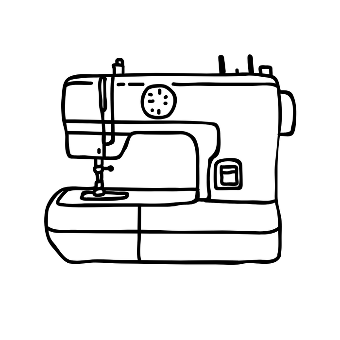 Black and white doodle-style sewing machine with simple lines and playful details, suitable for product customisation.