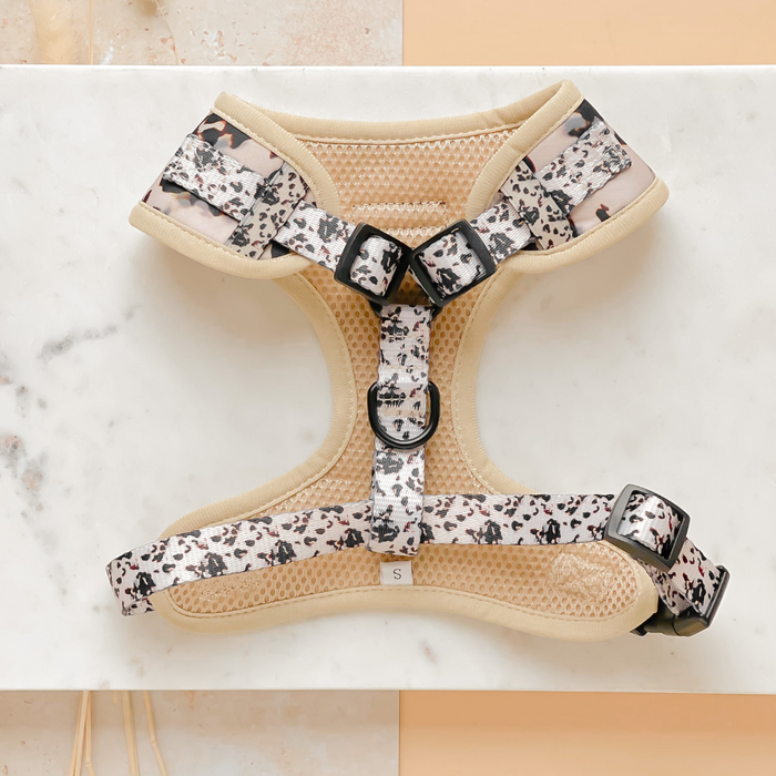 The Cocopup London Ivory Tort Adjustable Neck Harness is a stylish and comfortable option for your dog, featuring a colorful, abstract pattern with black and pink designs. It comes with a beige mesh interior lining, adjustable neck and chest straps, and black buckles. The harness is displayed on a light marble surface.