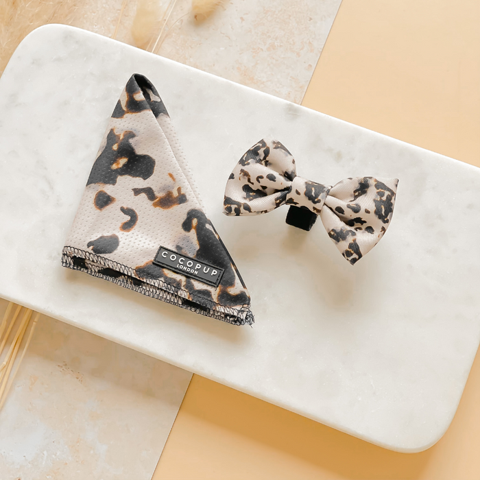 An Ivory Tort Bandana and a matching bow tie from the Cocopup London collection are neatly displayed on a white marble surface. The lightweight and breathable bandana features a small black label with the text "Cocopup" on it. The background is a blend of beige and light orange hues.