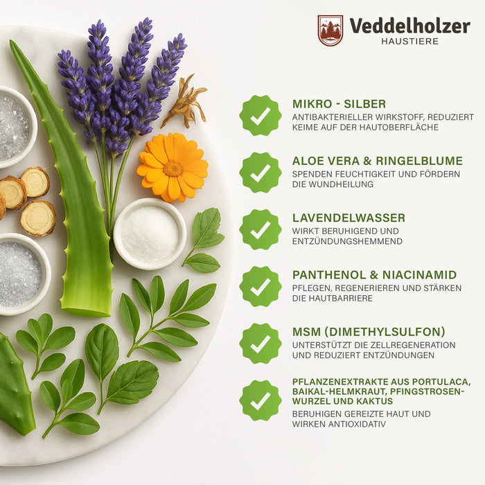 Wirkstoffe: Mikro-Silber gegen Keime, Aloe Vera und Ringelblume, Lavendelwasser, Panthenol, Niacinamid, MSM, Pflanzenextrakte