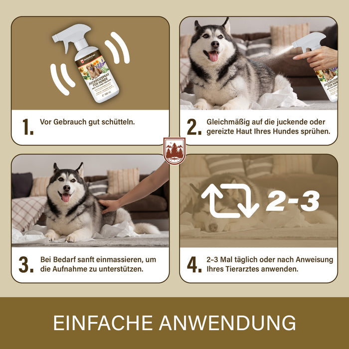 Anwendung in vier Schritten: schütteln, auf die gereizte Haut sprühen, sanft einmassieren, 2–3 Mal täglich wiederholen