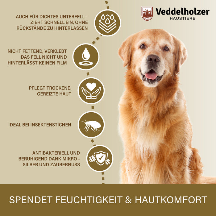Golden Retriever neben fünf Hinweisen: zieht schnell ein, nicht fettend, pflegt trockene Haut, ideal bei Insektenstichen