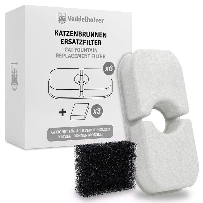 Weiße Verpackung „Katzenbrunnen Ersatzfilter“ mit x6- und x3-Symbol, daneben zwei weiße Rundfilter und ein schwarzer Schwamm