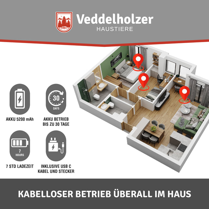 Wohnungsgrundriss mit drei Standortmarkern: Akku 5200 mAh, bis zu 30 Tage Betrieb, 7 Stunden Ladezeit, USB-C-Kabel dabei