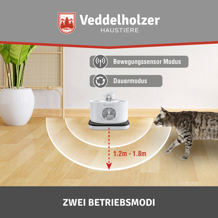 Getigerte Katze läuft in den markierten Sensorbereich von 1,2 bis 1,8 m – Bewegungssensor- oder Dauermodus wählbar