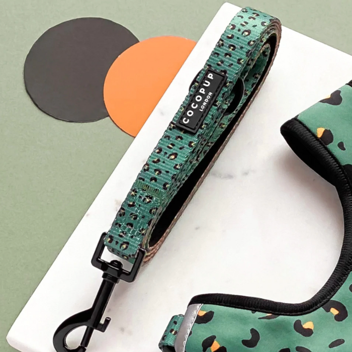 A Khaki Leopard Adjustable Neck Harness, Lead & Collar Bundle from Cocopup London, featuring a green pattern with a black clasp, is laid out on a white surface. Two circular cutouts, one in orange and one in black, are placed adjacent to the bundle.