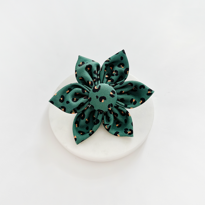 Khaki leopard-print collar flower by Cocopup London on a plain round white surface.