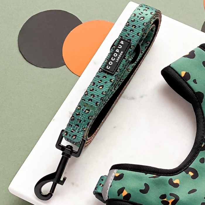 Khaki leopard print dog lead with black clasp and padded handle, Cocopup London branding.